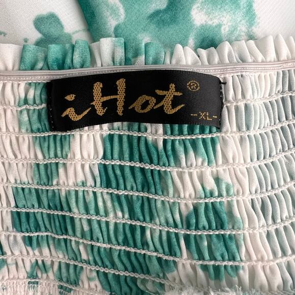 Fit & Flare Milkmaid Dress XL Green White Lantern Sleeves Ruffle Stretch Waist - Picture 8 of 16